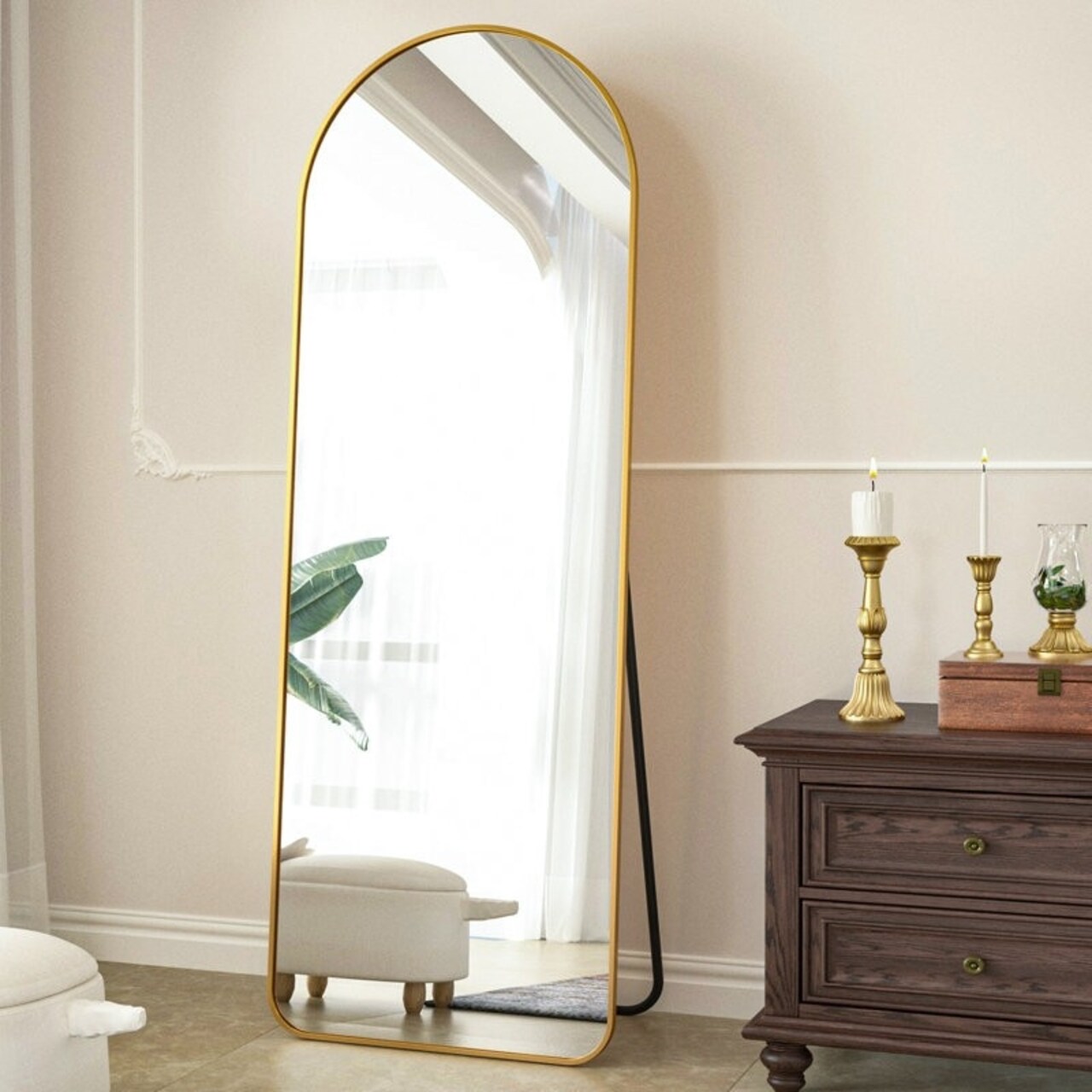 Gold Aluminum Alloy Full-Length Leaning Mirror with Rounded Corners